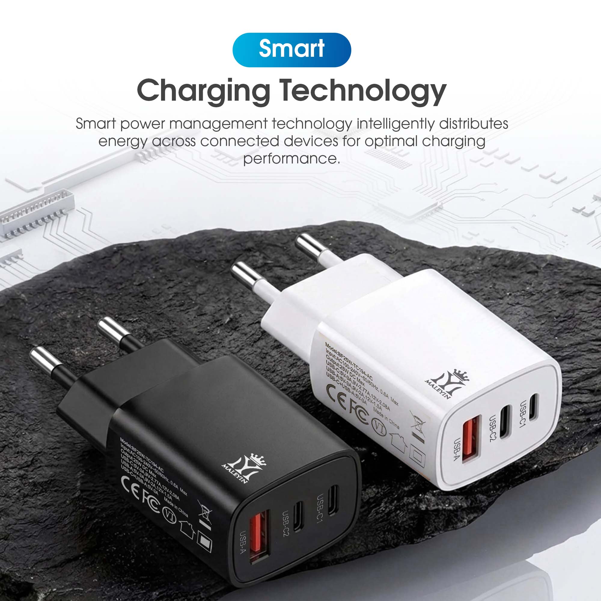 Maleyin 65W Schnell Ladeadapter USB-C + USB-A Ladegerät Netzteil Poweradapter