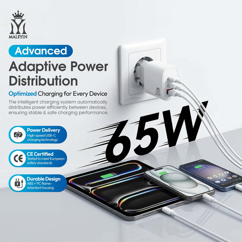 Maleyin 65W Schnell Ladeadapter USB-C + USB-A Ladegerät Netzteil Poweradapter