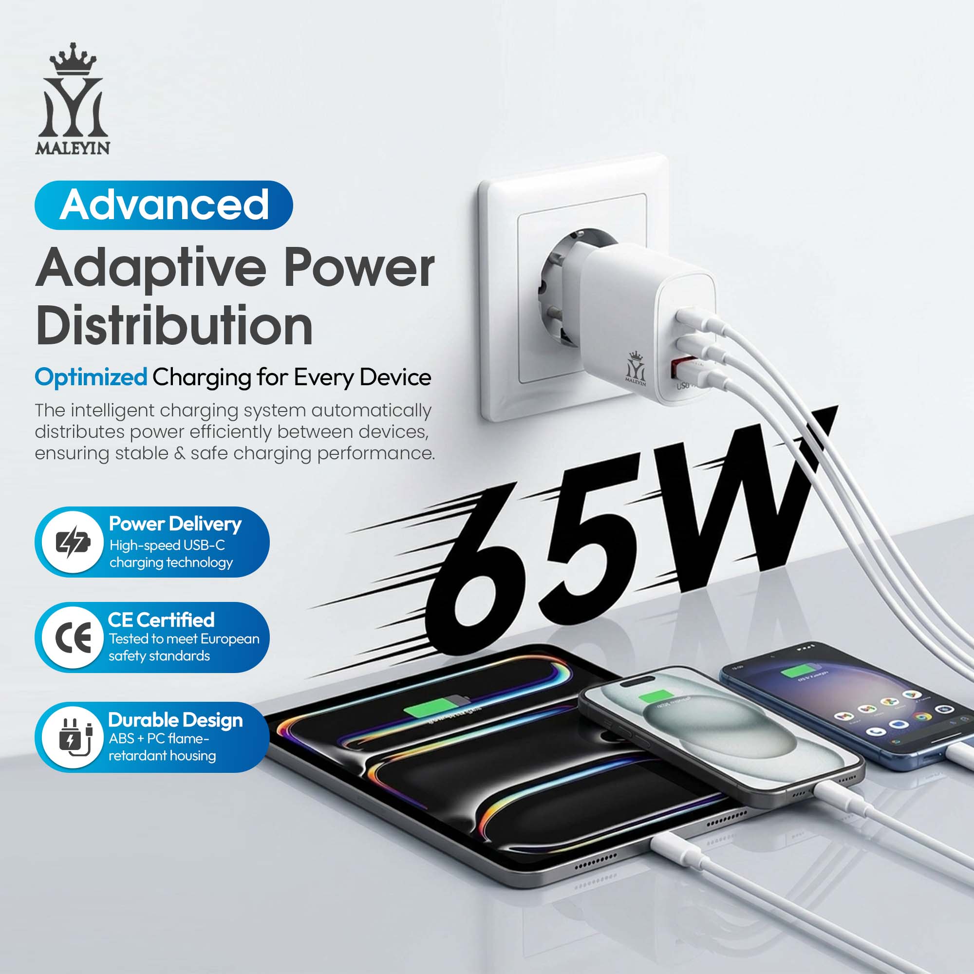 Maleyin 65W Schnell Ladeadapter USB-C + USB-A Ladegerät Netzteil Poweradapter