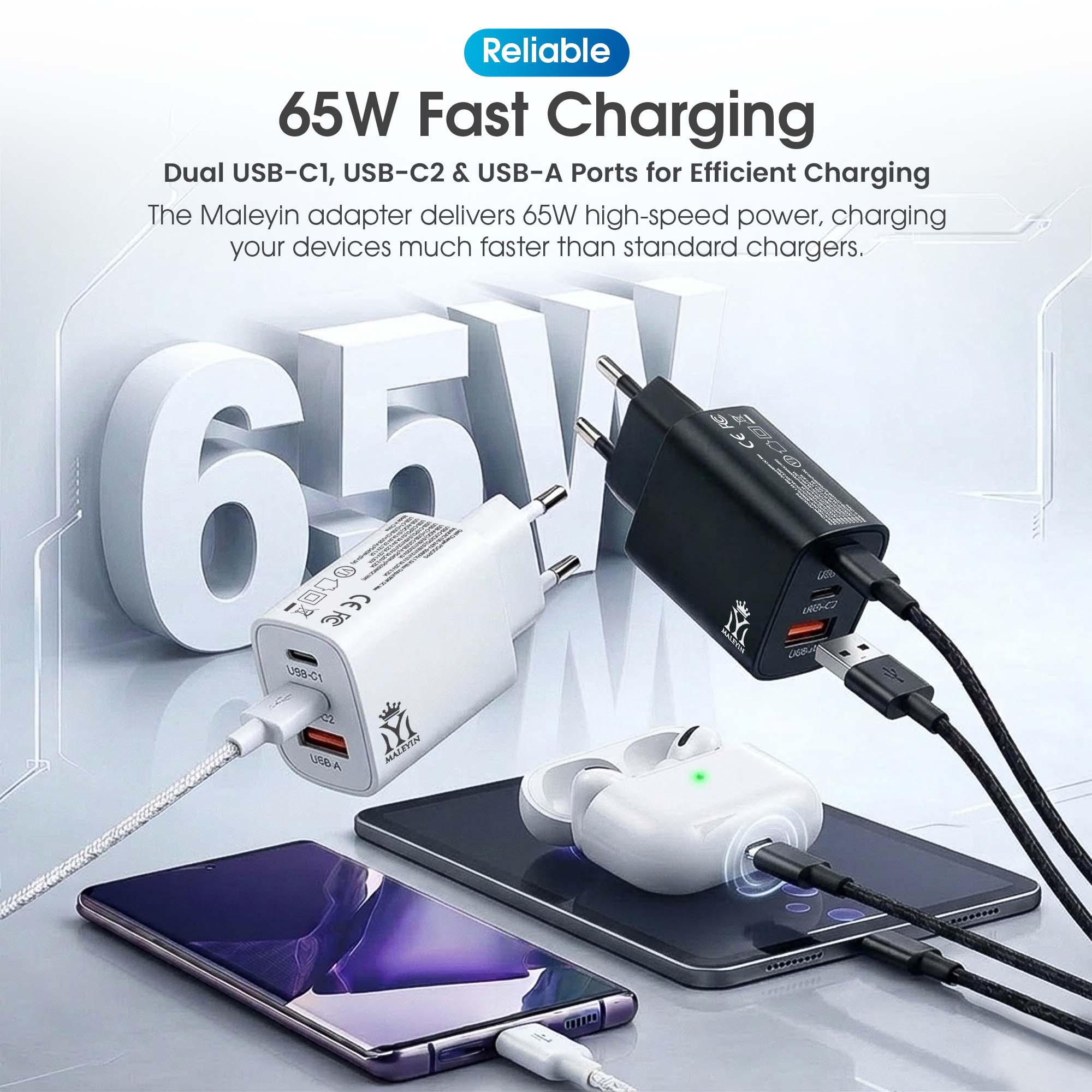 Maleyin 65W Schnell Ladeadapter USB-C + USB-A Ladegerät Netzteil Poweradapter