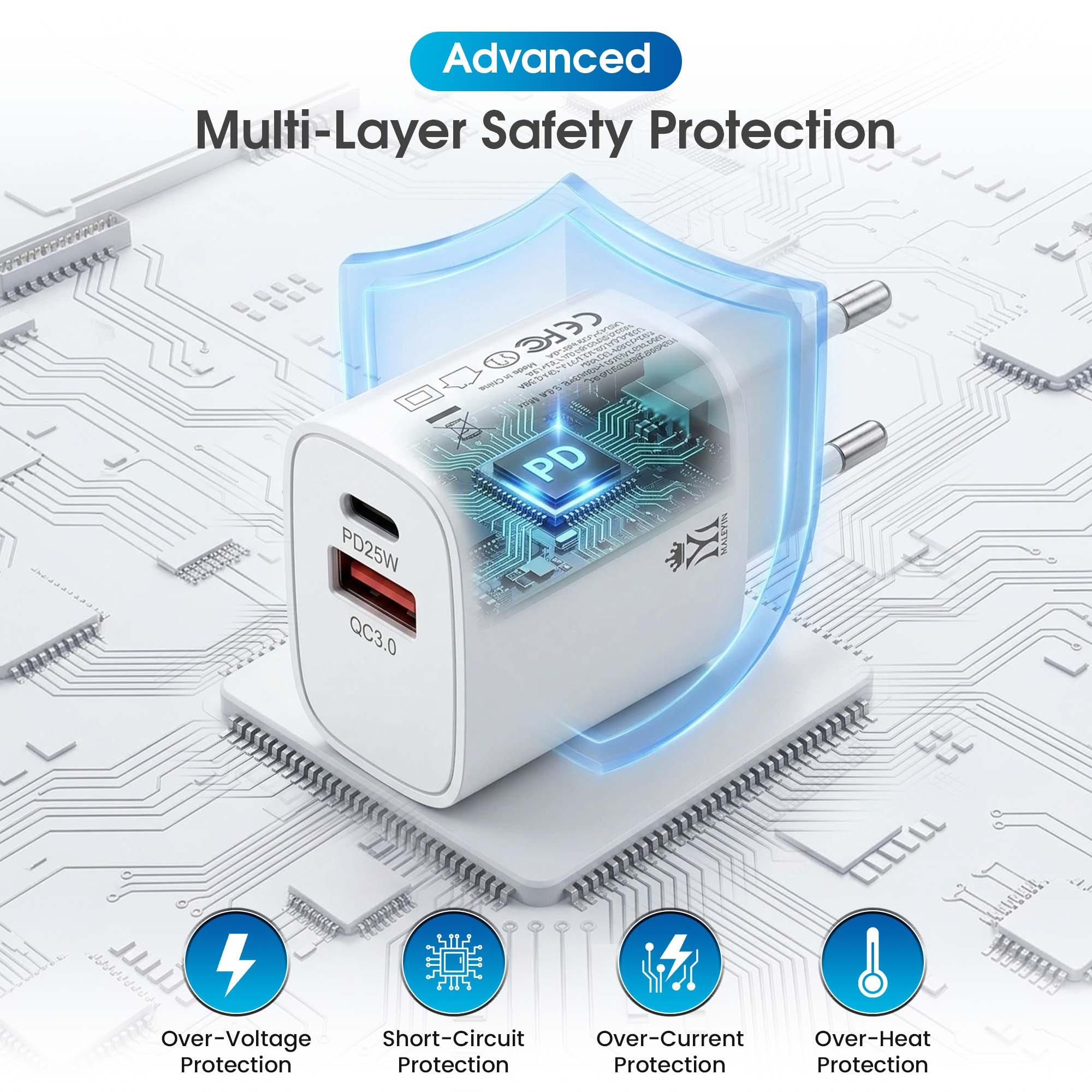 Maleyin 25W Schnell Ladeadapter USB-C + USB-A Ladegerät Netzteil Poweradapter