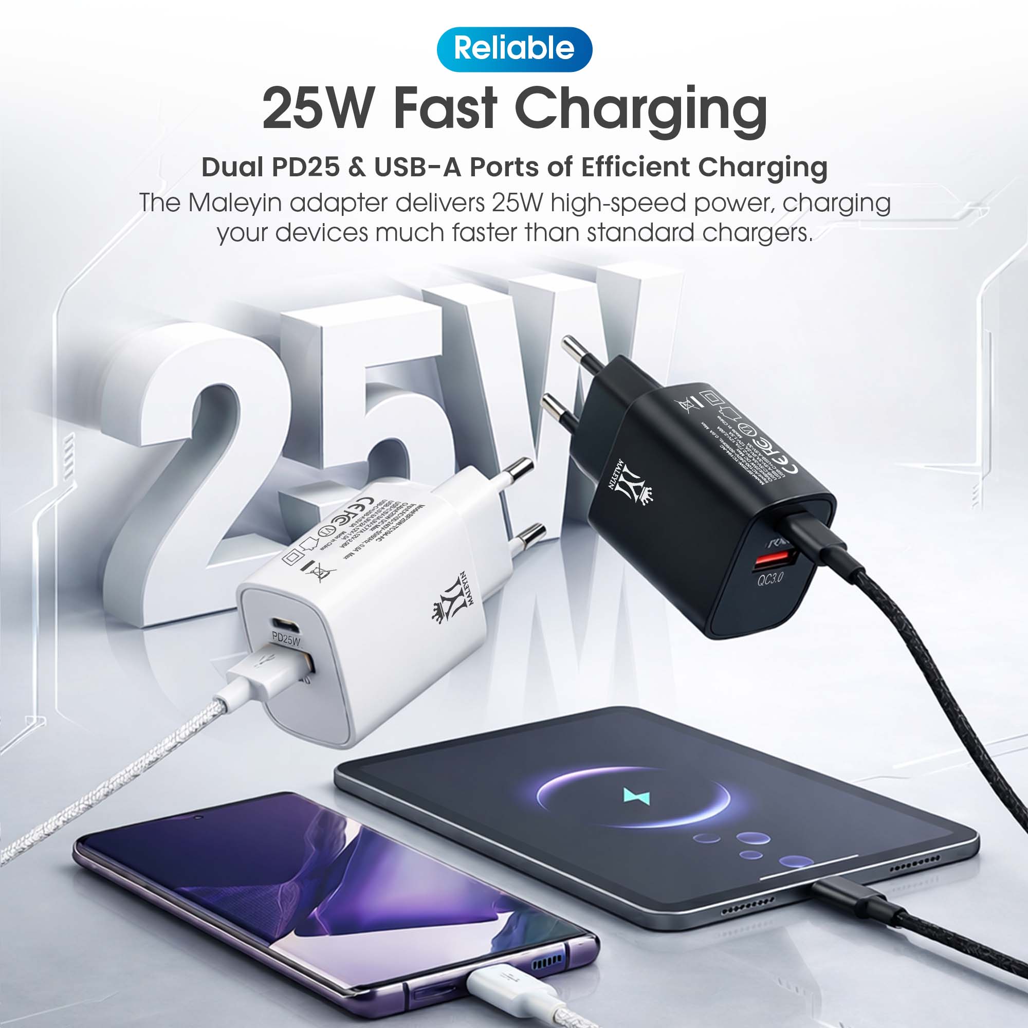 Maleyin 25W Schnell Ladeadapter USB-C + USB-A Ladegerät Netzteil Poweradapter
