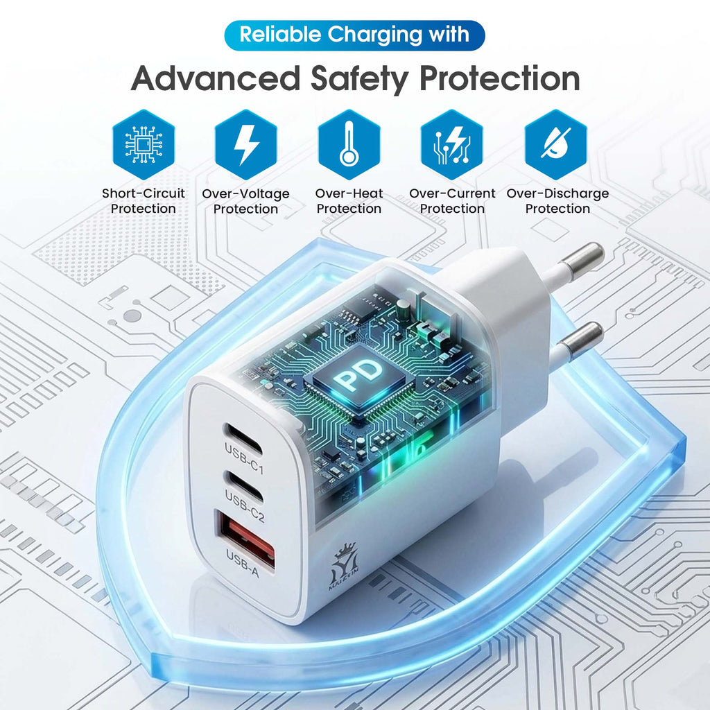 Maleyin 65W Schnell Ladeadapter USB-C + USB-A Ladegerät Netzteil Poweradapter