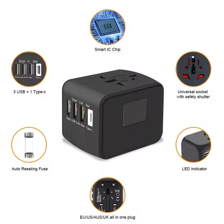 Universal Reiseadapter internationaer Reisestecker weltweiter Stromadapter 4xUSB